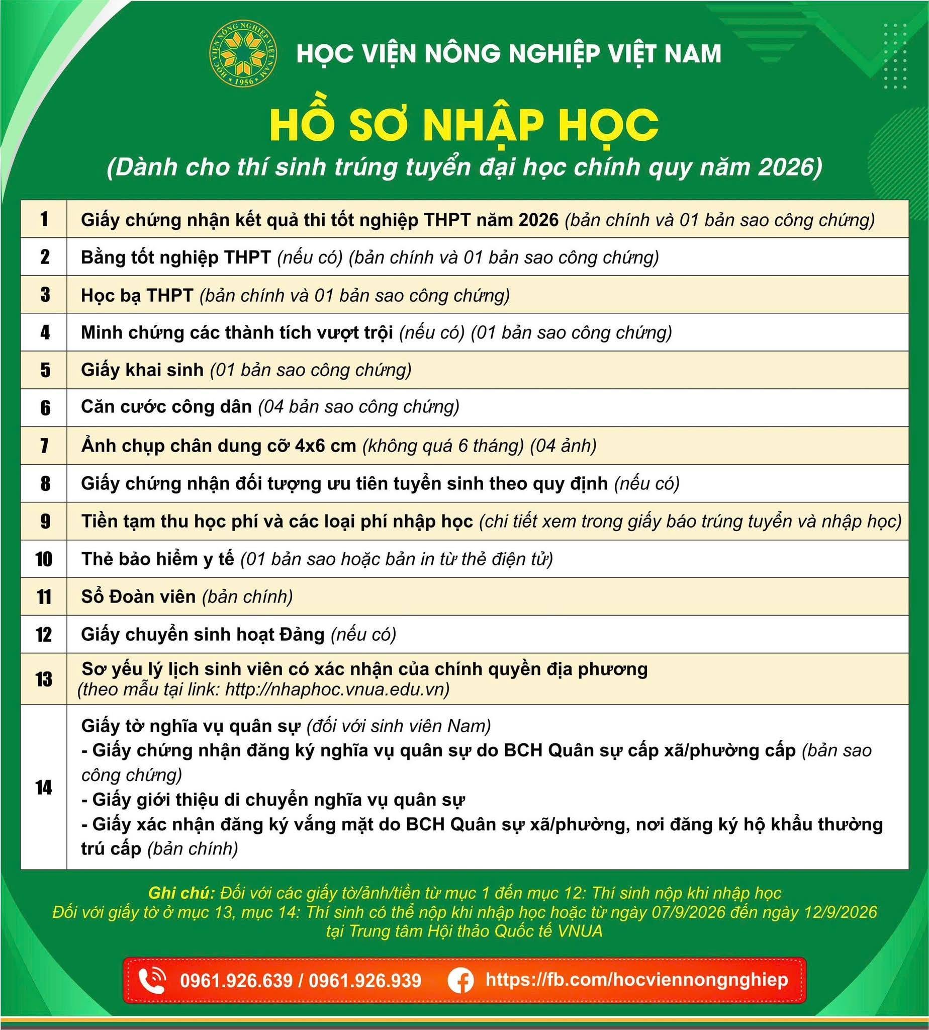 Hồ sơ nhập học (dành cho thí sinh trúng tuyển đại học năm 2026)  Học viện tổ chức nhập học từ ngày 14/8/2026 đến ngày 21/8/2026 tại Trung tâm Hội thảo quốc tế VNUA